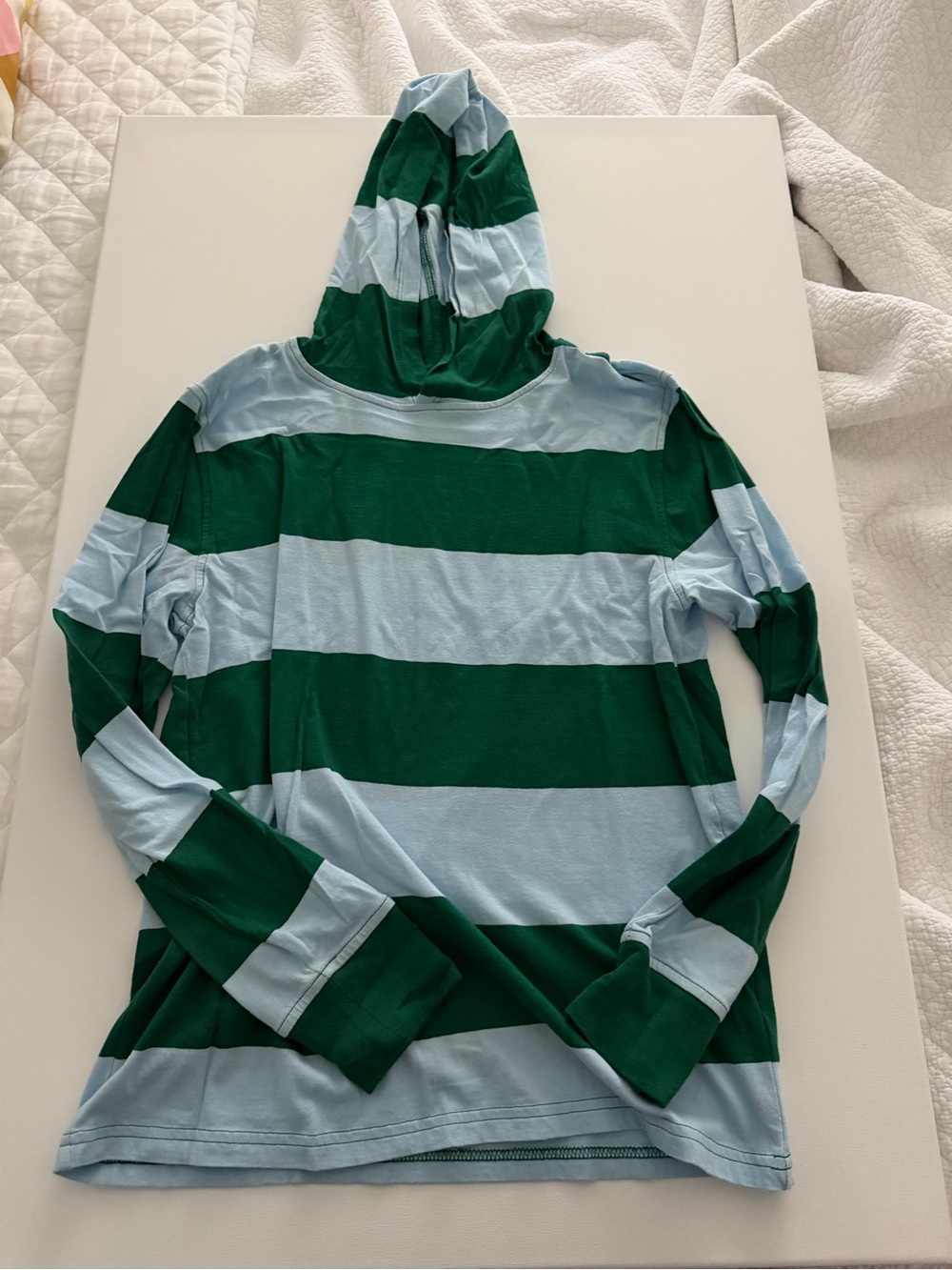 Crewcuts Green and Light Blue Striped Hooded Long Sleeve Tee